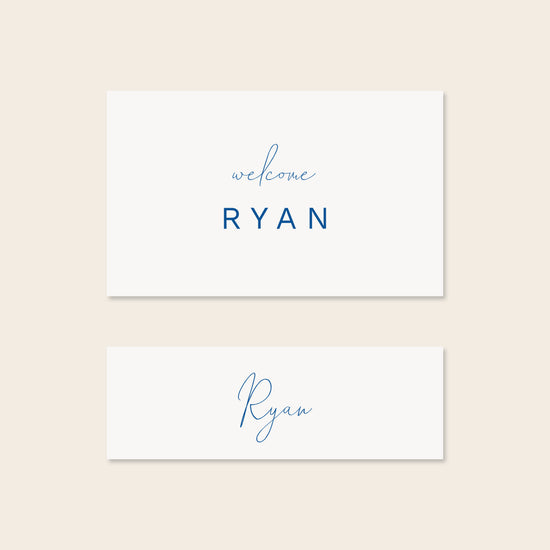 Two place card templates shown in horizontal and slim rectangular layouts on a beige background.