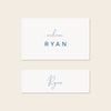 Two place card templates shown in horizontal and slim rectangular layouts on a beige background.