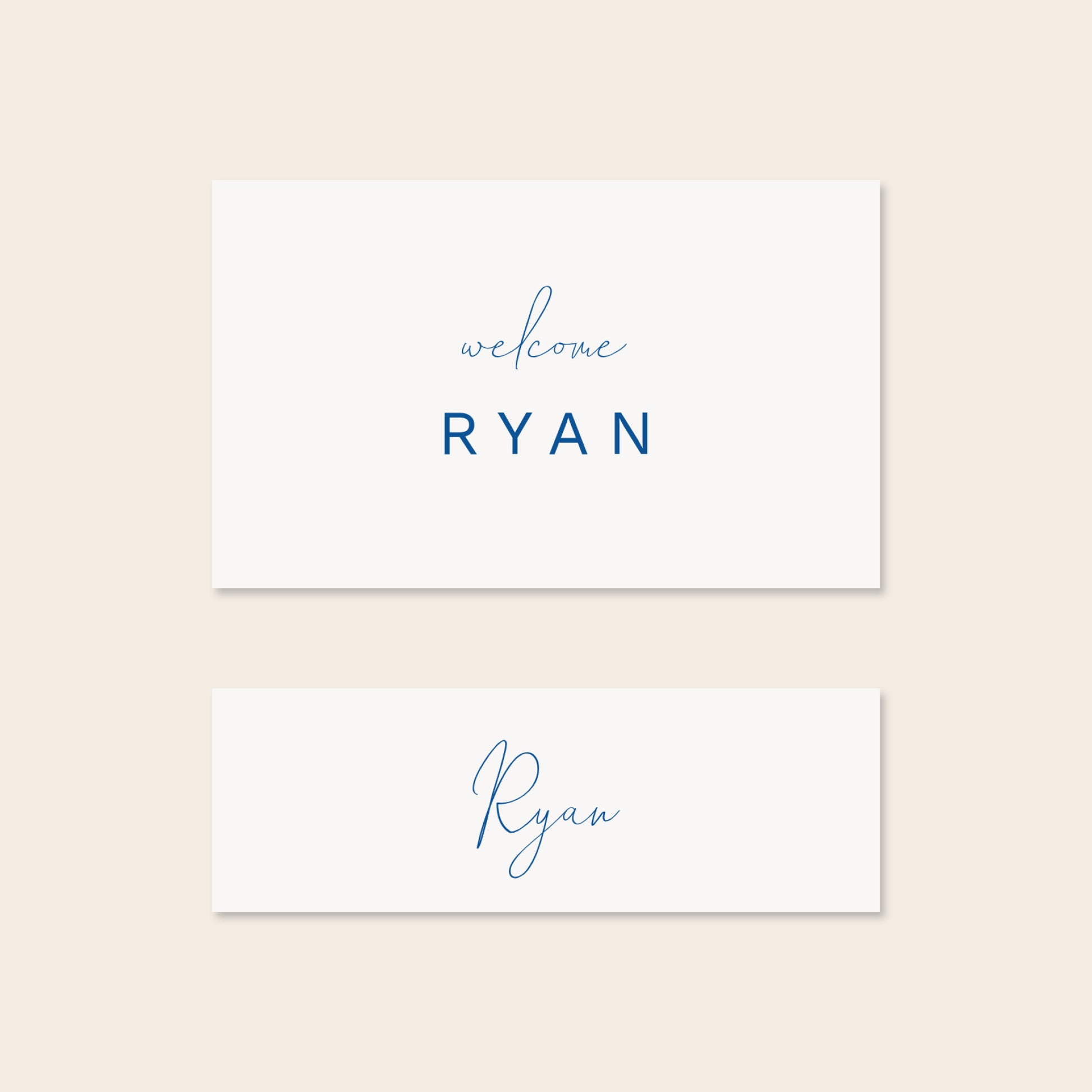 Two place card templates shown in horizontal and slim rectangular layouts on a beige background.