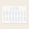 Printable 16-table wedding seating chart template design with names on a beige background.