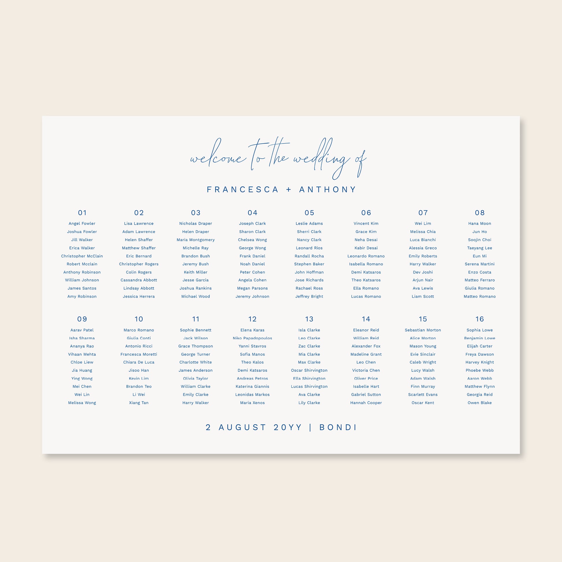 Printable 16-table wedding seating chart template design with names on a beige background.