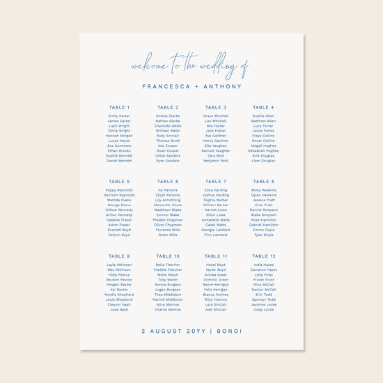 Wedding seating chart template design on a beige background.