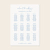 Wedding seating chart template design on a beige background.