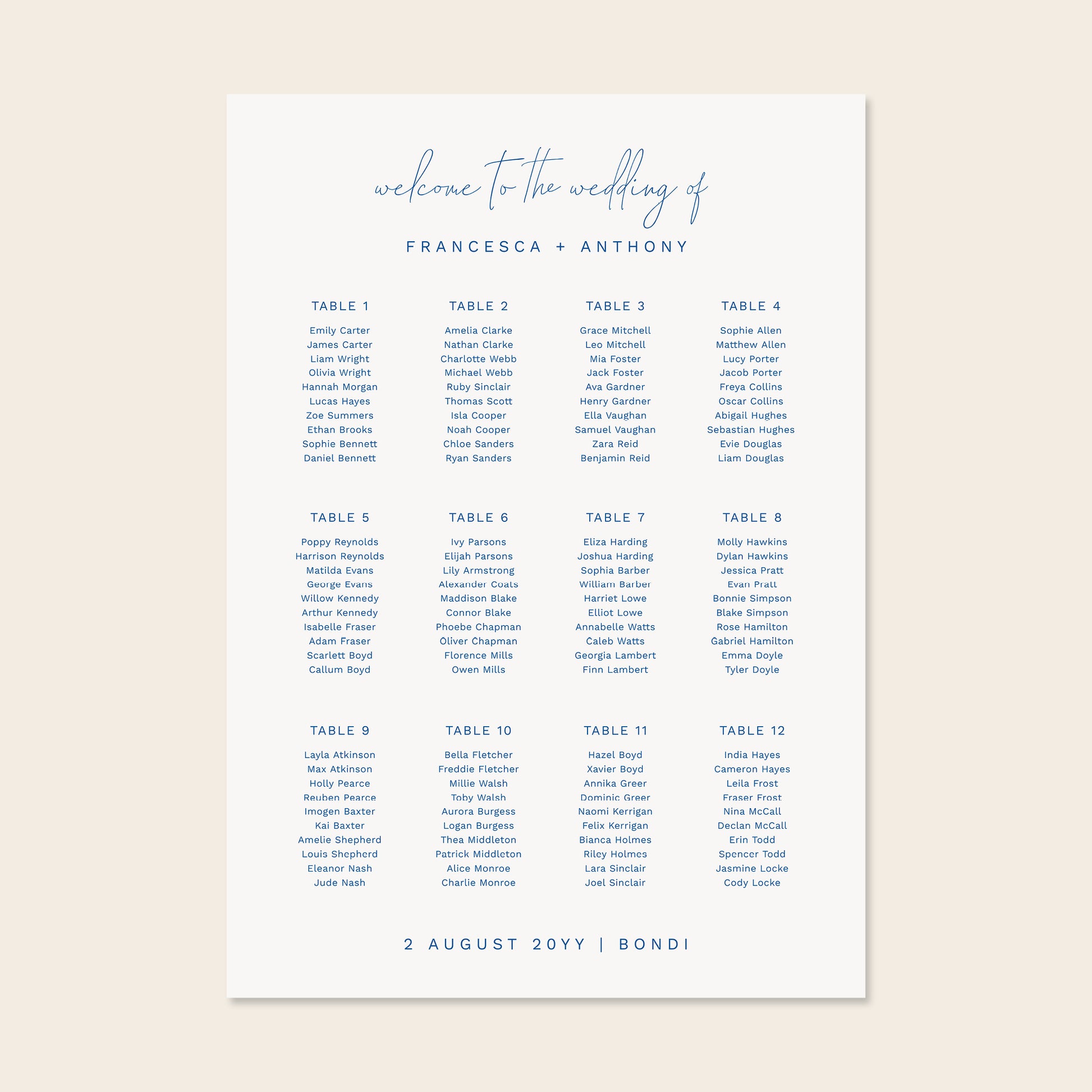 Wedding seating chart template design on a beige background.