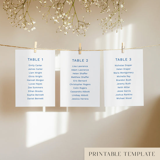 Three seating chart cards with printed names, clipped to a string with pegs, against a neutral background.