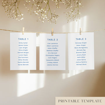 Three seating chart cards with printed names, clipped to a string with pegs, against a neutral background.