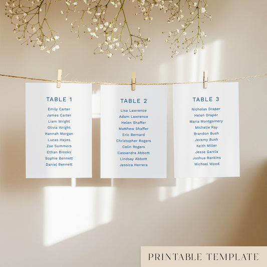 Three seating chart cards with printed names, clipped to a string with pegs, against a neutral background.
