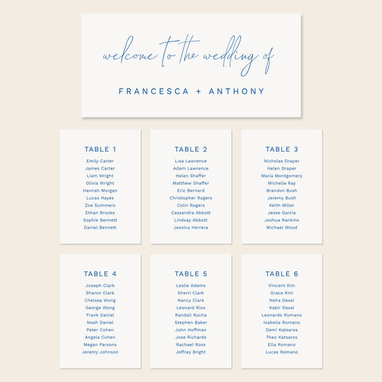 Printable seating chart cards template design with names and title on a beige background.