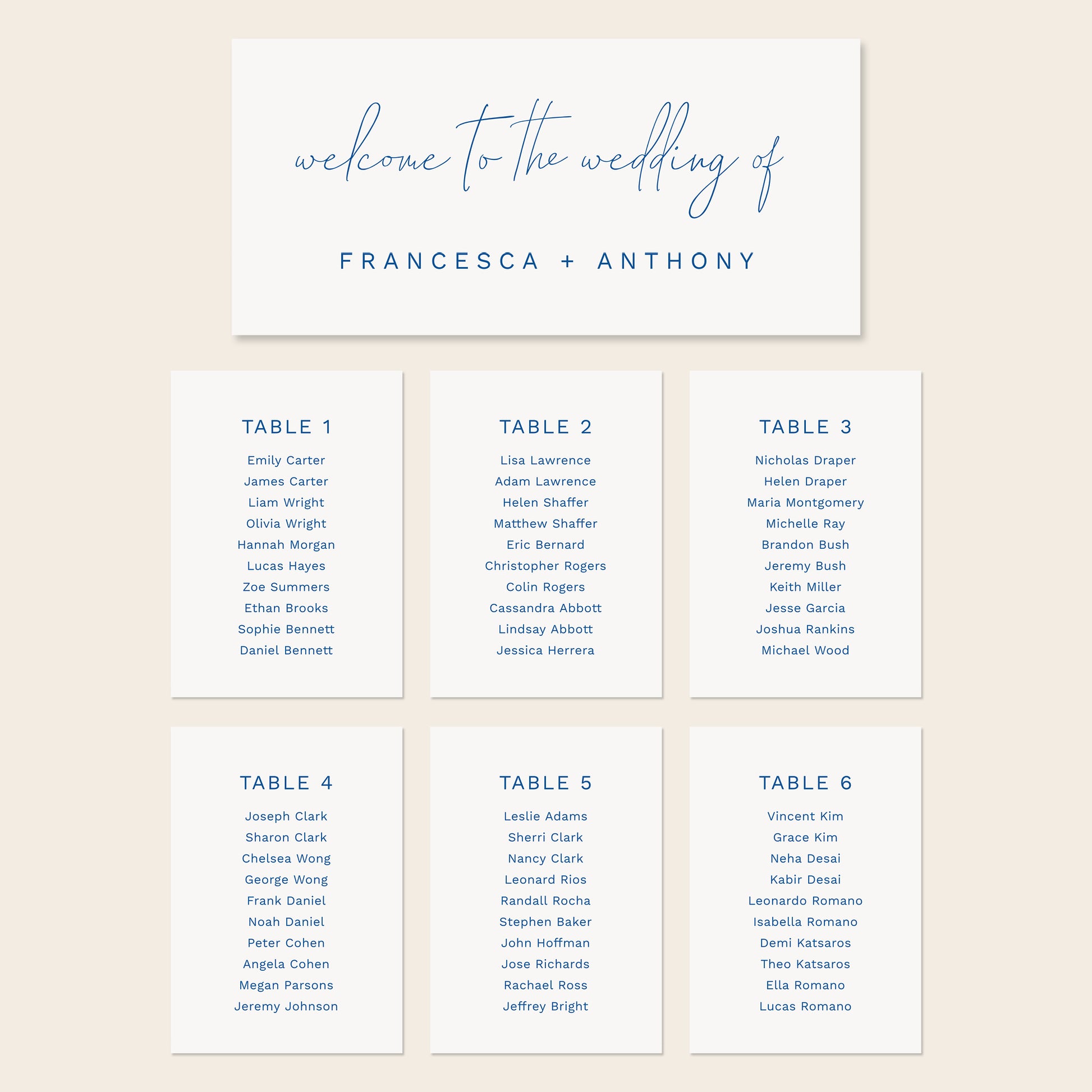 Printable seating chart cards template design with names and title on a beige background.