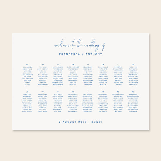 Horizontal wedding seating chart sign template design on a beige background.