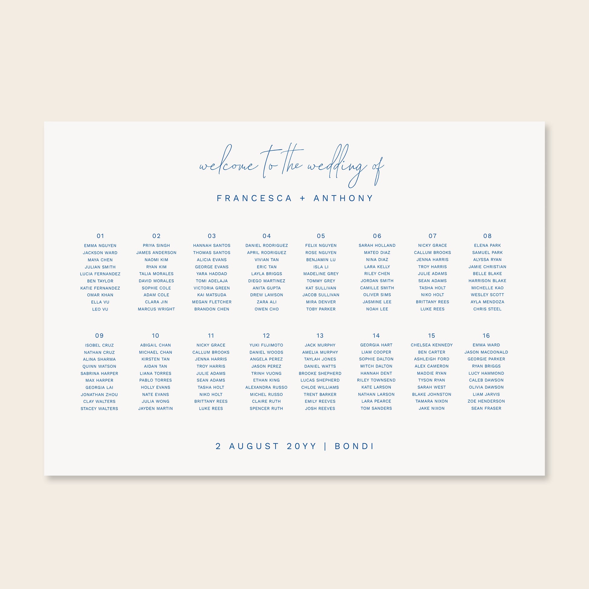 Horizontal wedding seating chart sign template design on a beige background.
