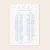 Wedding seating chart template design on a beige background.