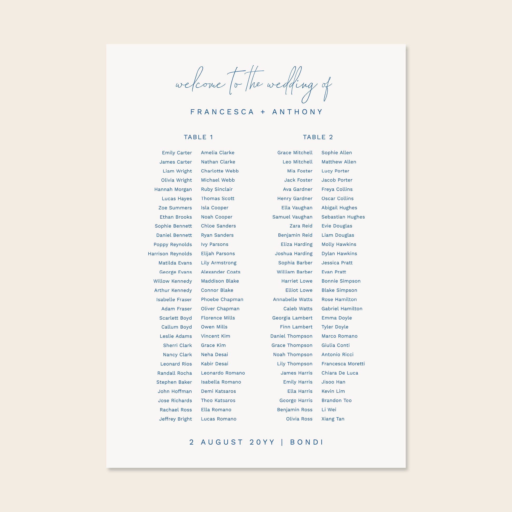 Wedding seating chart template design on a beige background.
