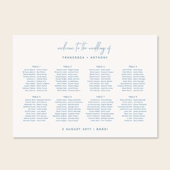 Horizontal wedding seating chart template design on a beige background.