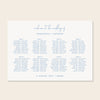 Horizontal wedding seating chart template design on a beige background.