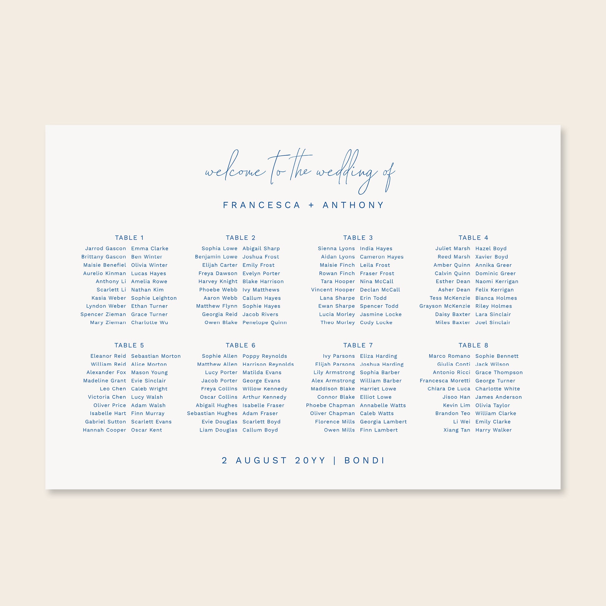 Horizontal wedding seating chart template design on a beige background.