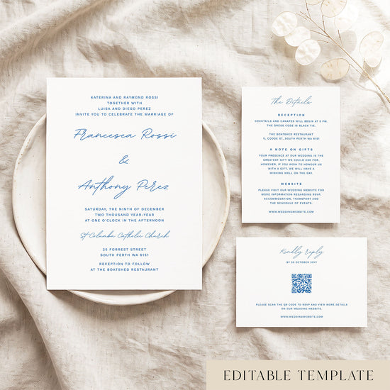 Editable modern wedding invitation suite with parents' names, including details and RSVP cards on a ceramic plate flat lay