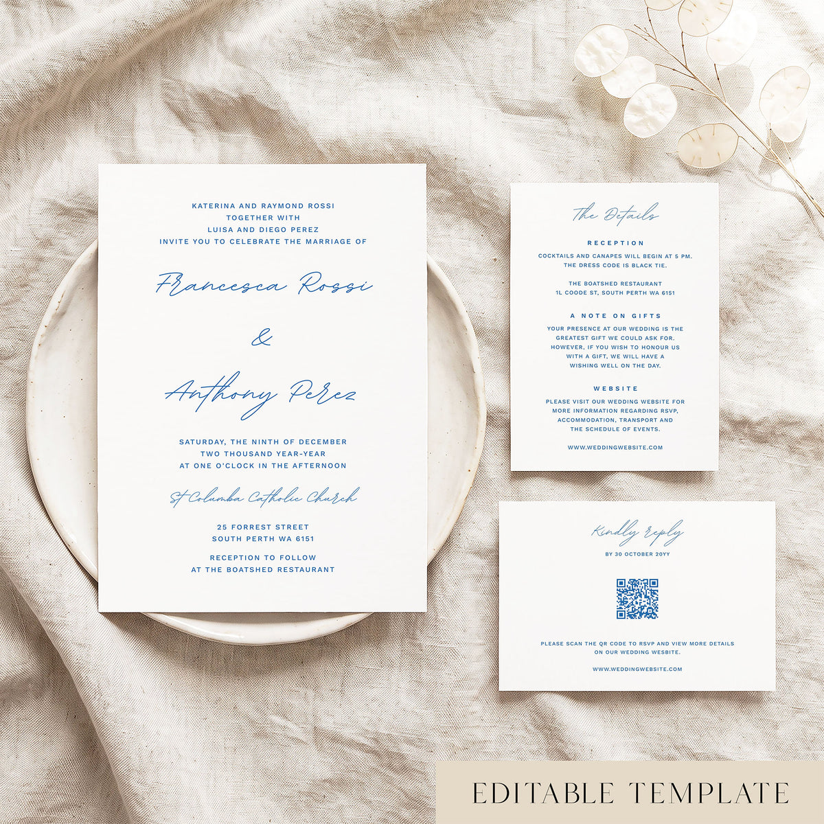 Editable modern wedding invitation suite with parents' names, including details and RSVP cards on a ceramic plate flat lay