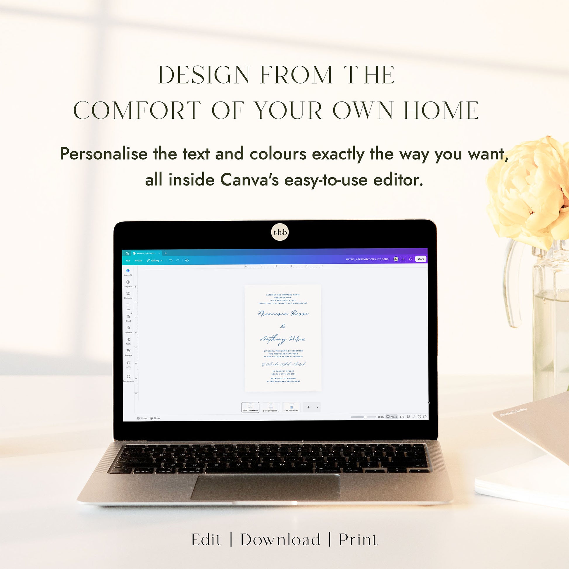 Customisable modern coastal invitation suite shown open in Canva across all three pages on a laptop