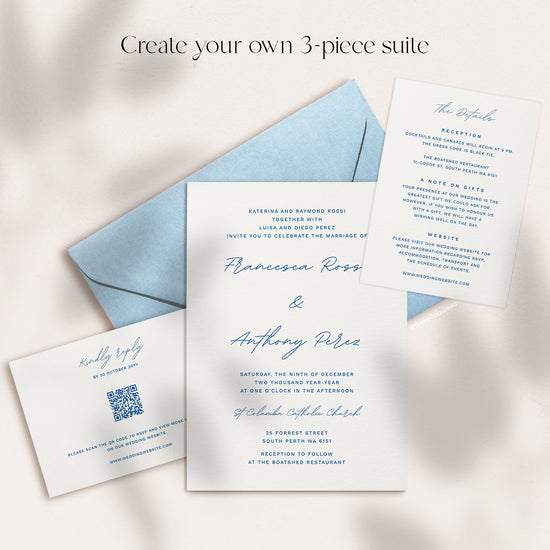 Personalised 3-piece wedding invitation suite with parents' names, blue envelope and RSVP card