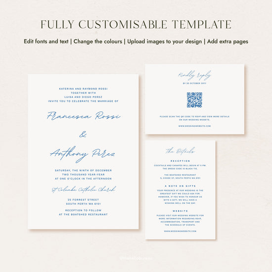 Customisable modern wedding invitation suite template shown on a light beige background, including a main invitation card, a QR code card, and a reception card with blue script text