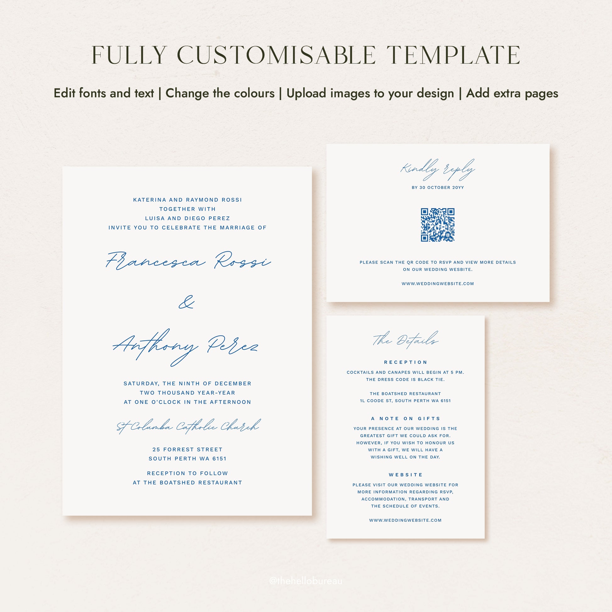 Customisable modern wedding invitation suite template shown on a light beige background, including a main invitation card, a QR code card, and a reception card with blue script text