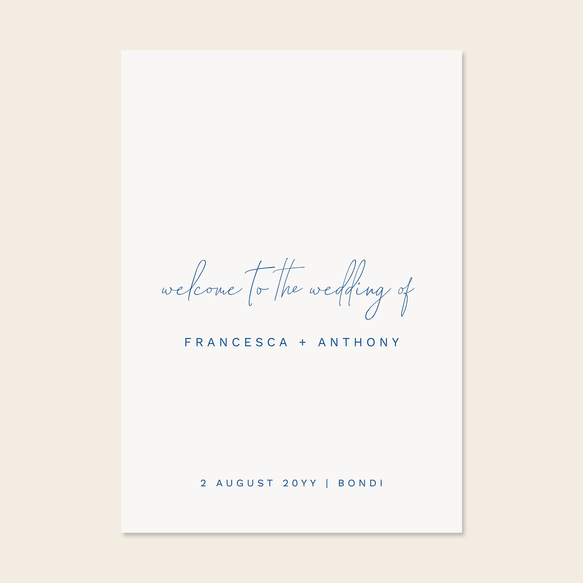 Wedding welcome sign template design on a beige background.