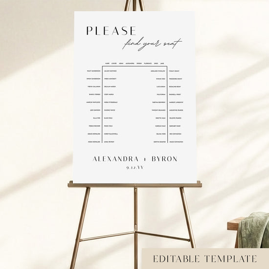 Editable u-shape wedding seating chart for 48 guests, displayed on a gold easel with a minimalist design