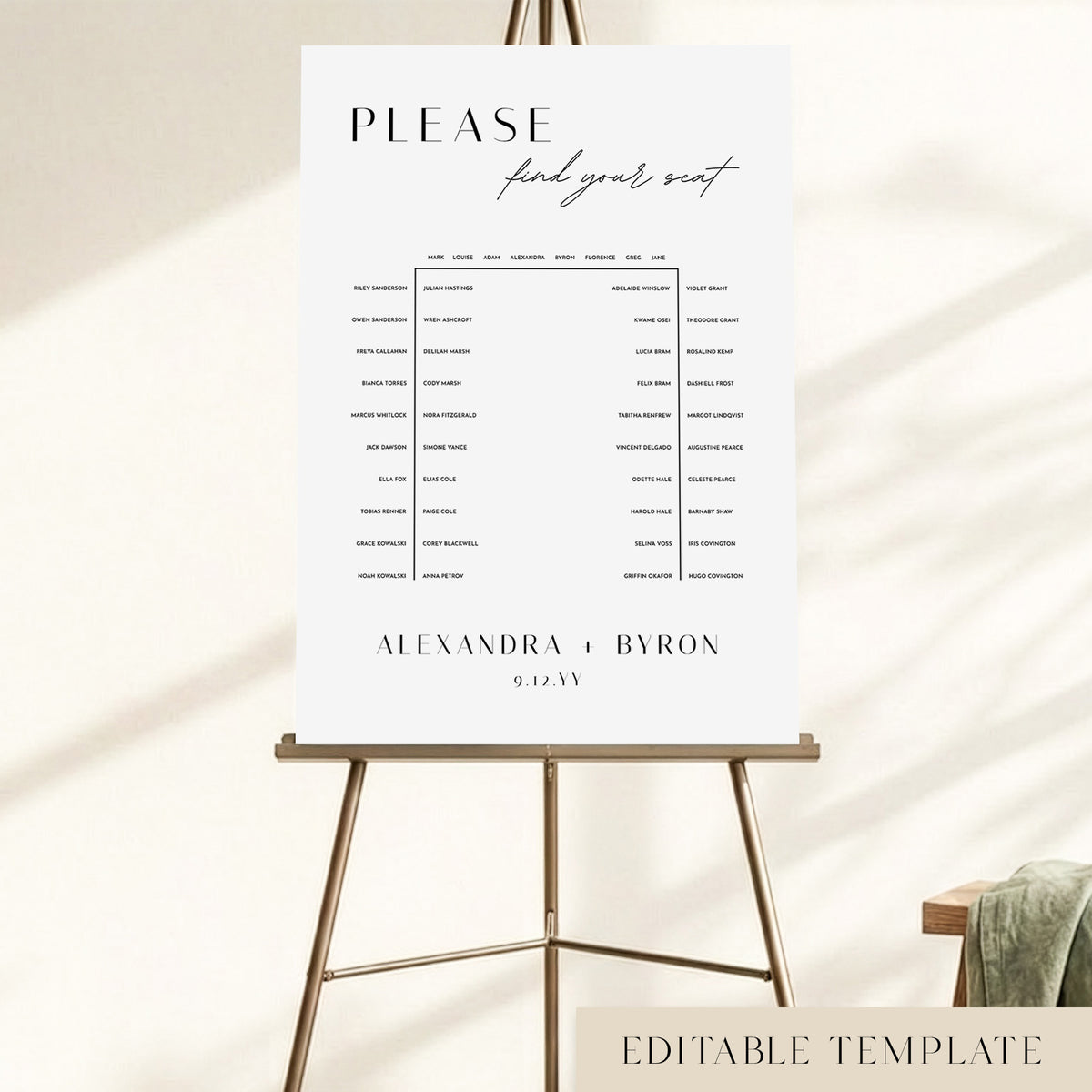 Editable u-shape wedding seating chart for 48 guests, displayed on a gold easel with a minimalist design