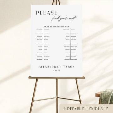 Editable u-shape wedding seating chart for 48 guests, displayed on a gold easel with a minimalist design