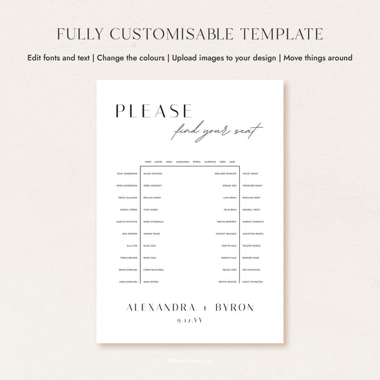 Fully customisable horseshoe (u-shaped) seating chart template for 48 guests, showing editable text and layout