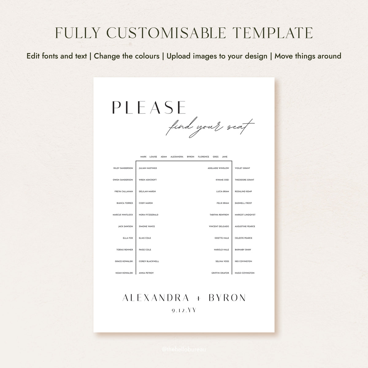 Fully customisable horseshoe (u-shaped) seating chart template for 48 guests, showing editable text and layout