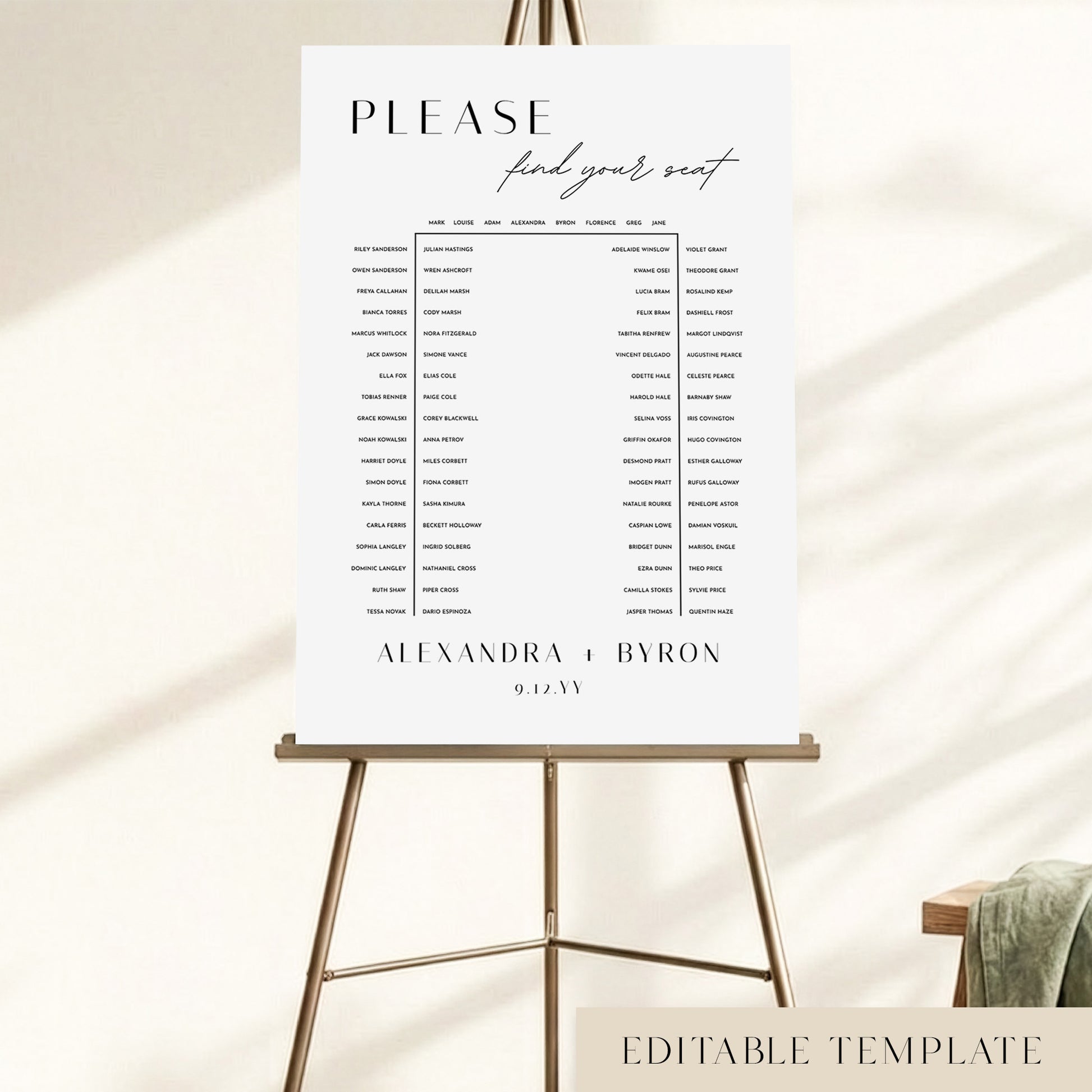 Editable u-shape wedding seating chart for 80 guests, displayed on a gold easel with a minimalist design