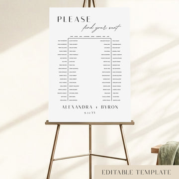 Editable u-shape wedding seating chart for 80 guests, displayed on a gold easel with a minimalist design