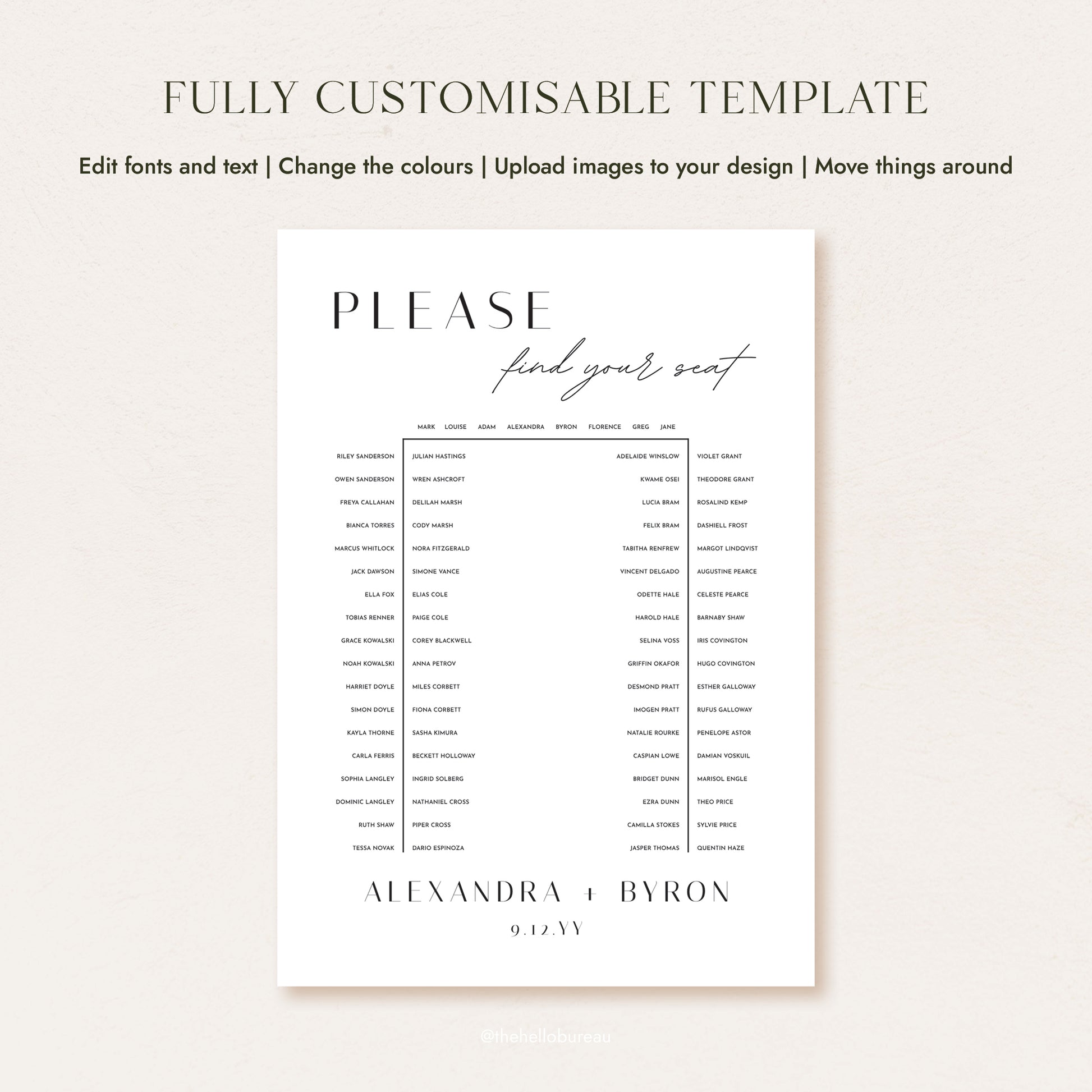 Fully customisable u-shape seating chart template for 80 guests, showing editable text and layout