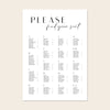 Wedding alphabetical table seating plan template design on a beige background.