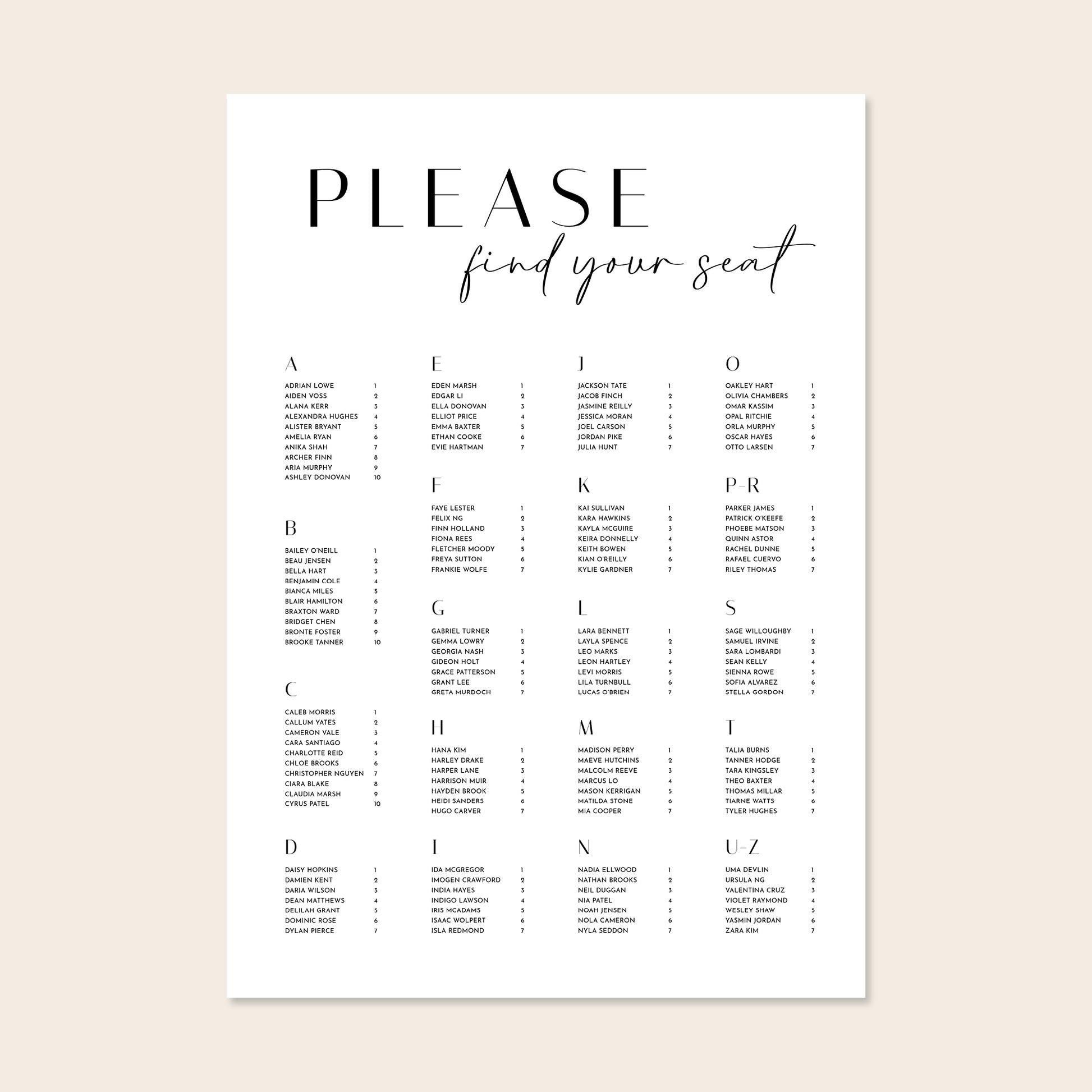 Wedding alphabetical table seating plan template design on a beige background.