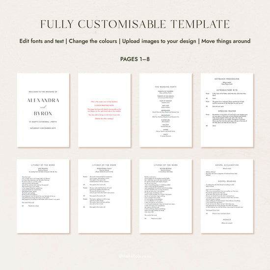 Catholic wedding ceremony booklet template pages 1 to 8, showing the cover, wedding party, and entrance procession