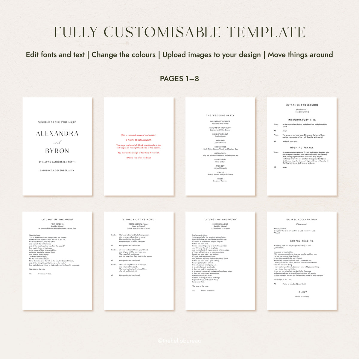 Catholic wedding ceremony booklet template pages 1 to 8, showing the cover, wedding party, and entrance procession