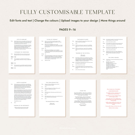 Catholic wedding ceremony booklet template pages 9 to 16, showing the rite of marriage through to the back cover
