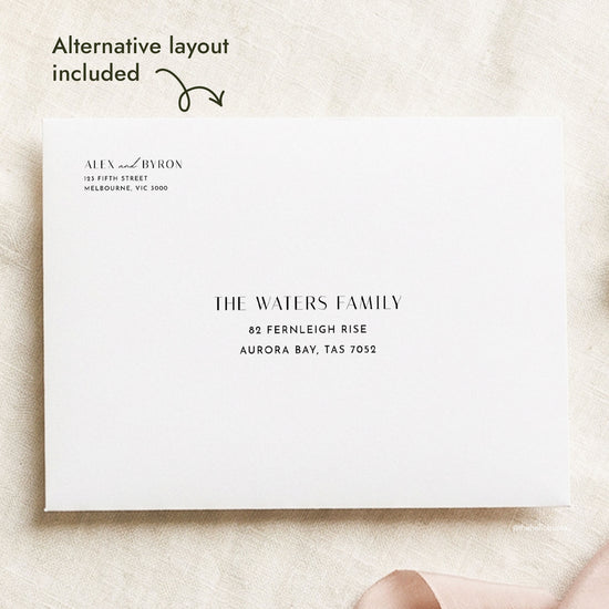 White envelope with the return address at top left and recipient address centred, labelled “Alternative layout included”.