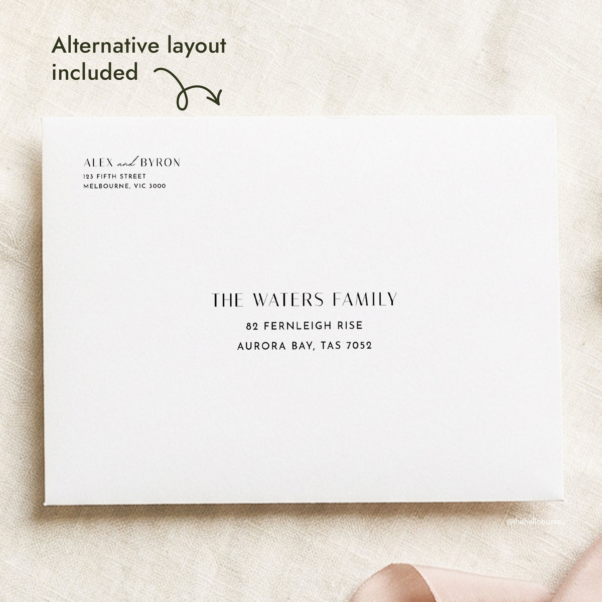 White envelope with the return address at top left and recipient address centred, labelled “Alternative layout included”.