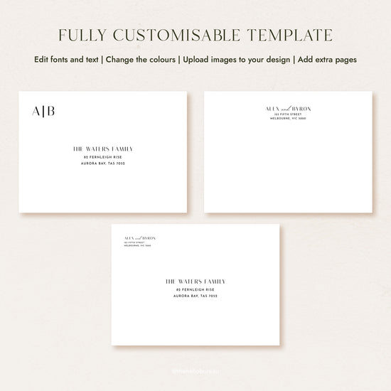 Three envelope layouts side by side: front with monogram, back with return address, and alternative with both addresses on the front.