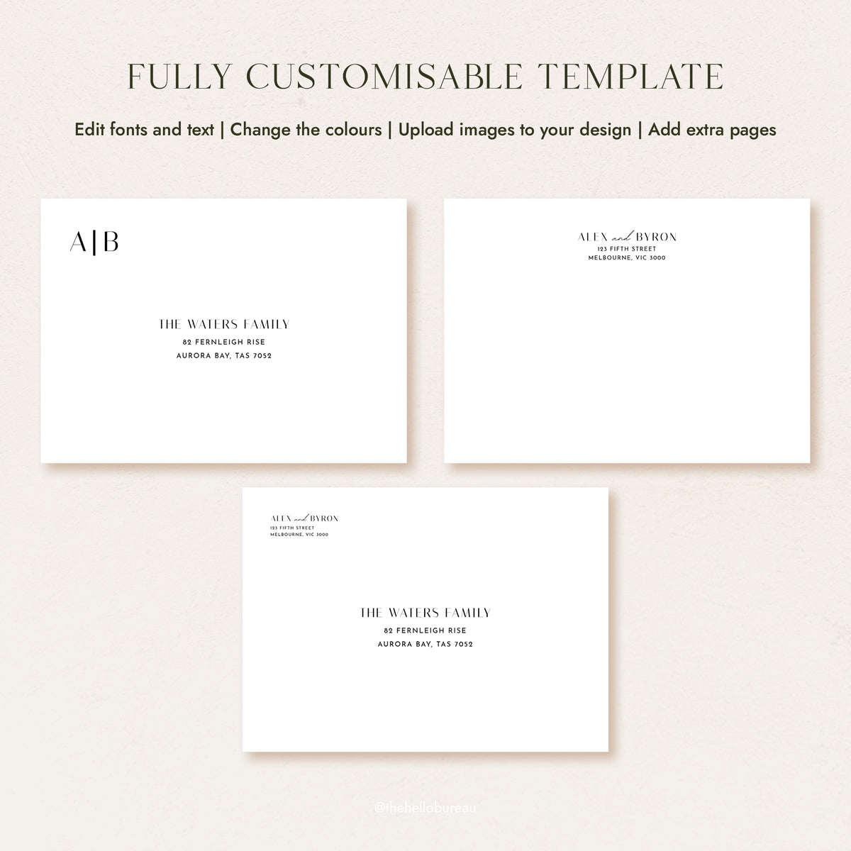 Three envelope layouts side by side: front with monogram, back with return address, and alternative with both addresses on the front.