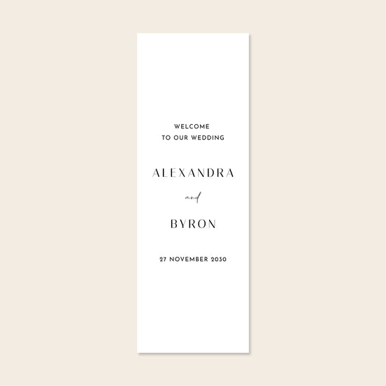 Vertical minimal wedding fabric sign template on a beige background.