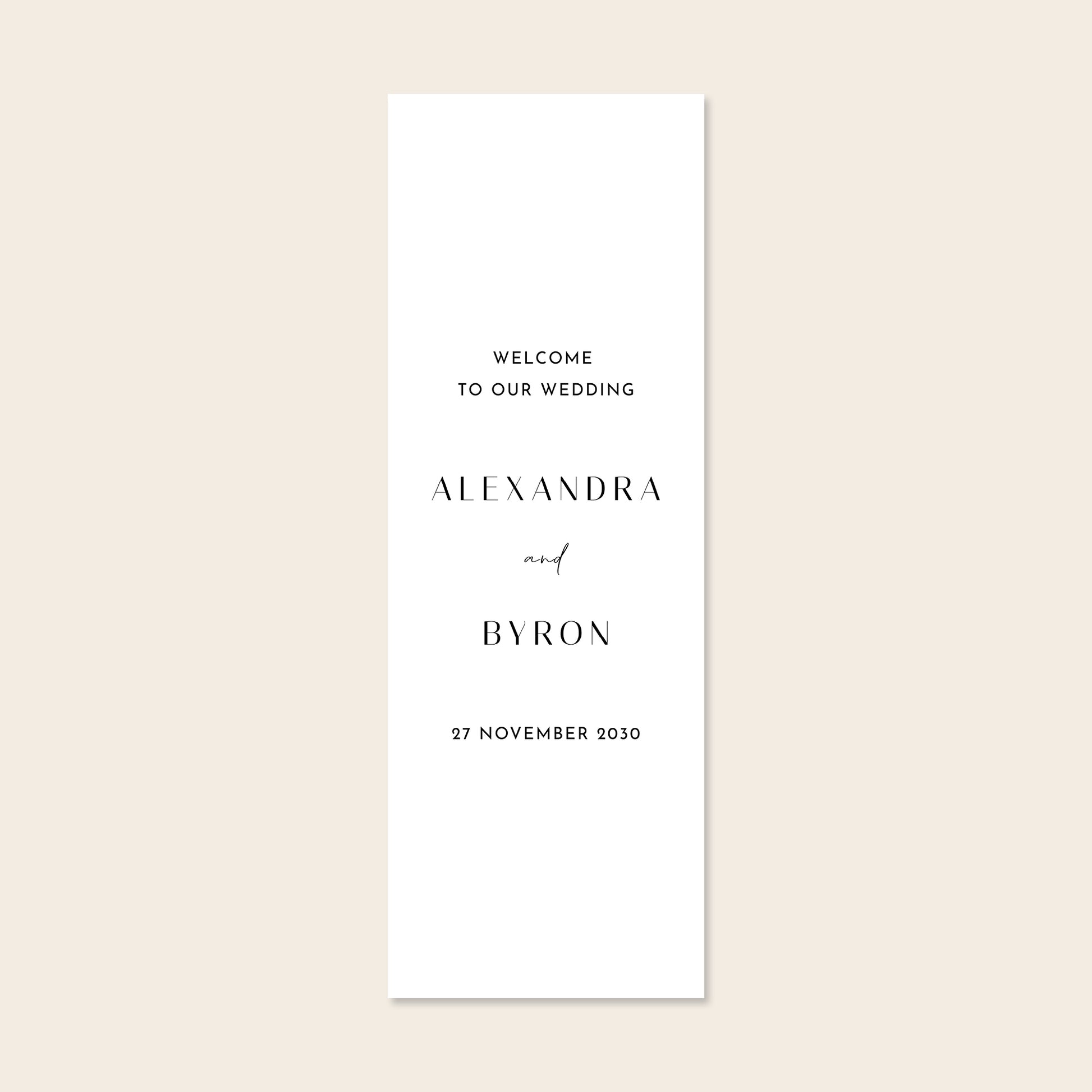 Vertical minimal wedding fabric sign template on a beige background.