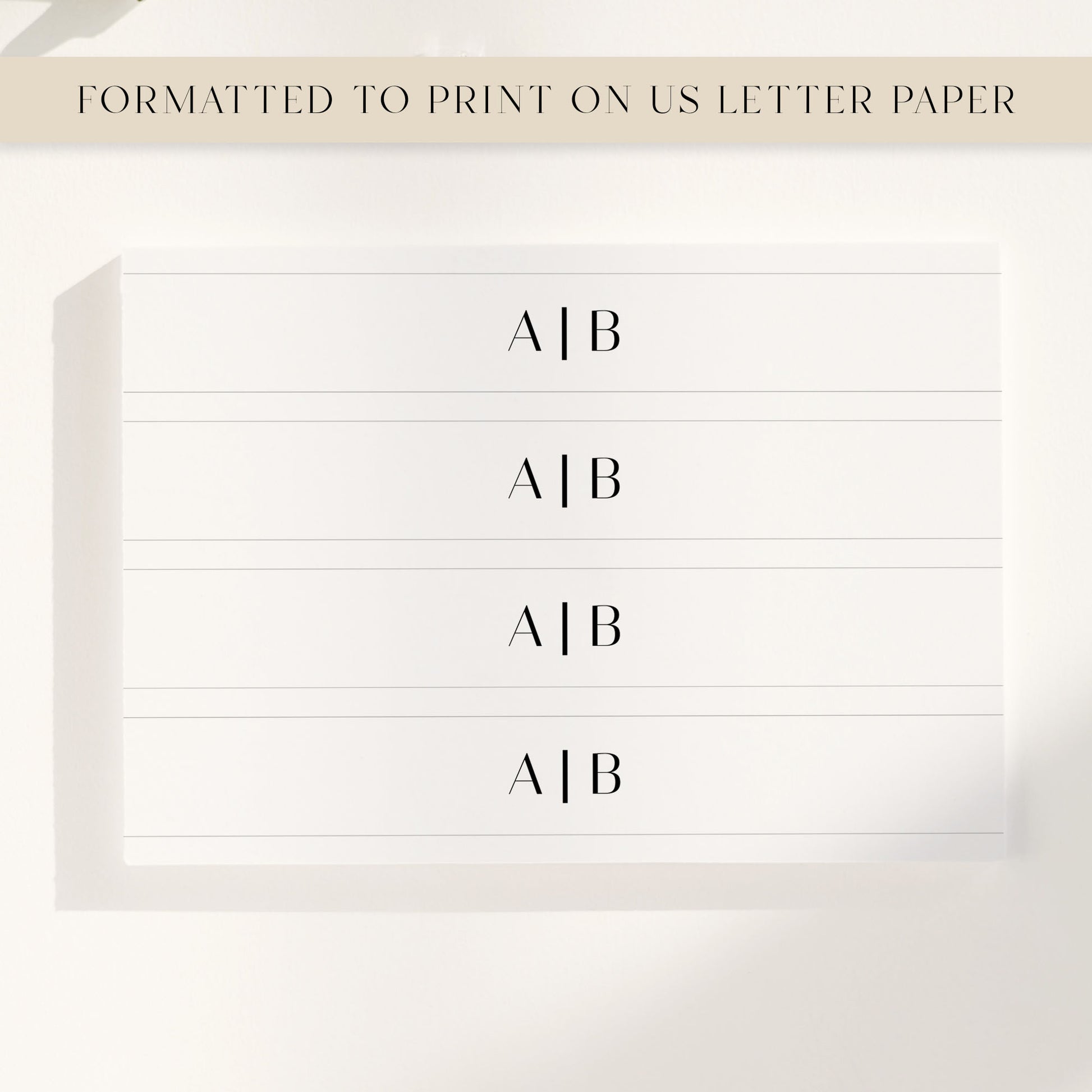 Sheet of paper with four printable invitation belly bands, formatted for US Letter printing