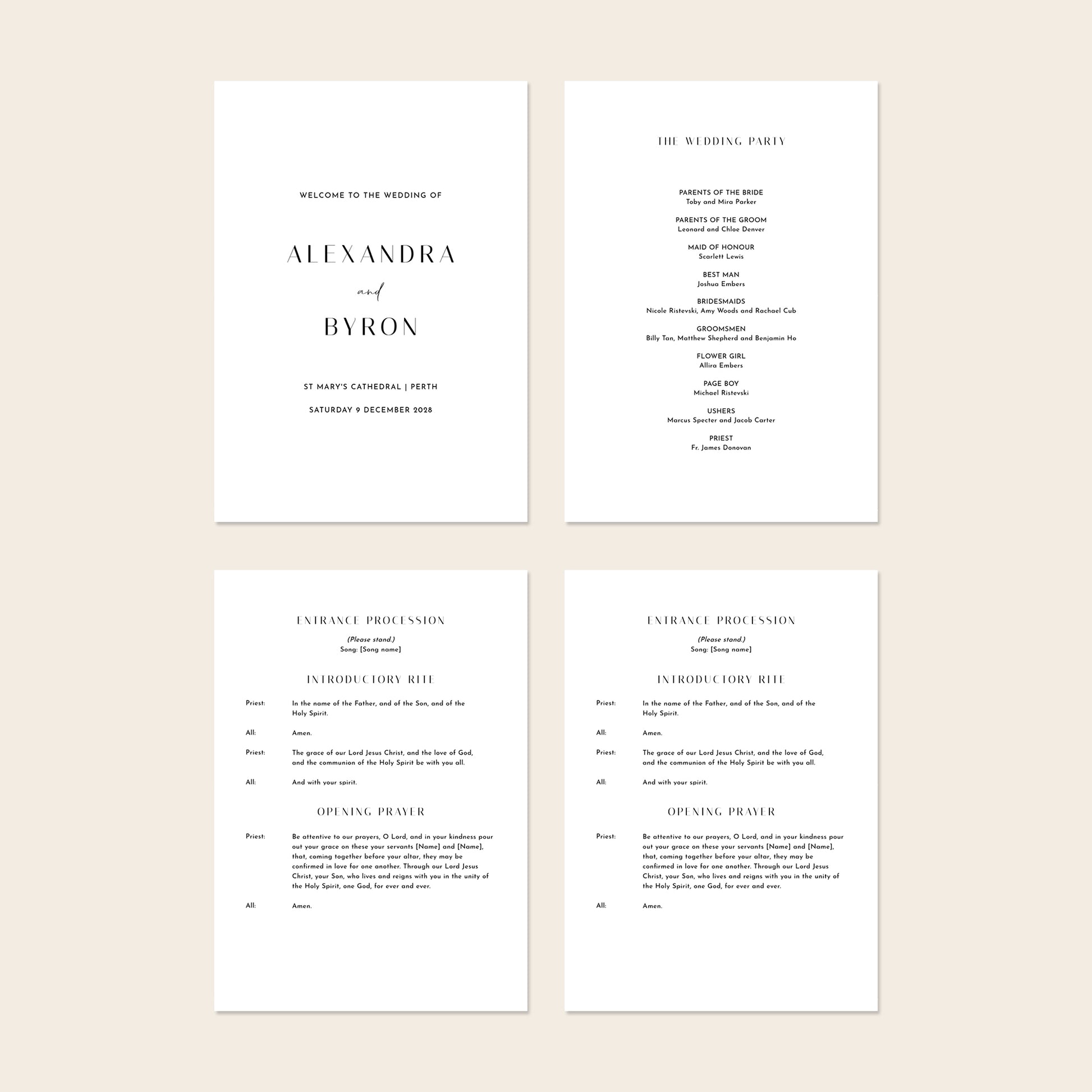 Four A5 wedding Mass ceremony booklet pages shown together, including the cover and interior layouts.