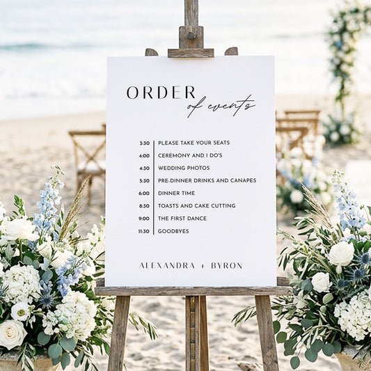 DIY order of events sign displayed on a wooden easel at a beachside ceremony, styled with white and blue florals