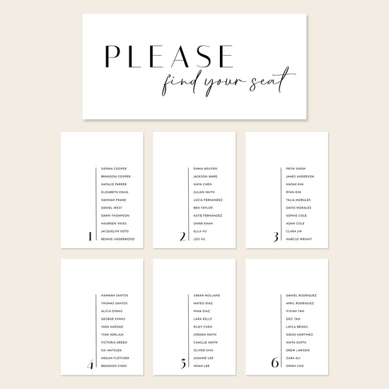 Printable seating chart cards template design with names and title on a beige background.